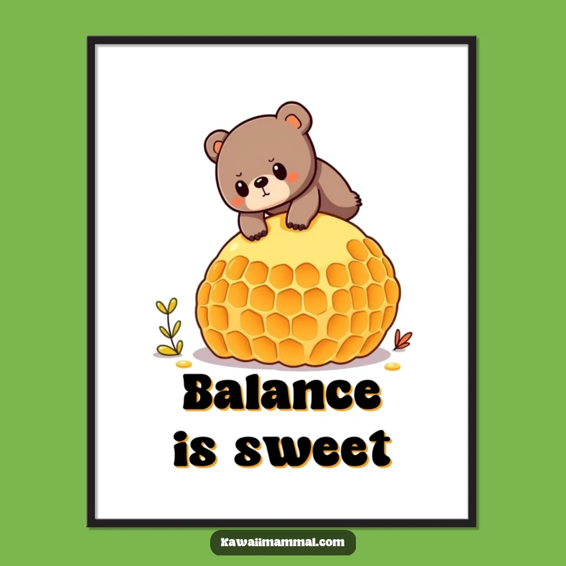 Funny Bear Honeycomb Poster - Determined Yogi Balancing, Whimsical Wall Art Funny Gift
