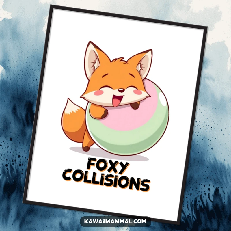 Funny poster featuring a smiling fox character powerfully but playfully head-butting a large inflatable ball, full of enthusiasm.