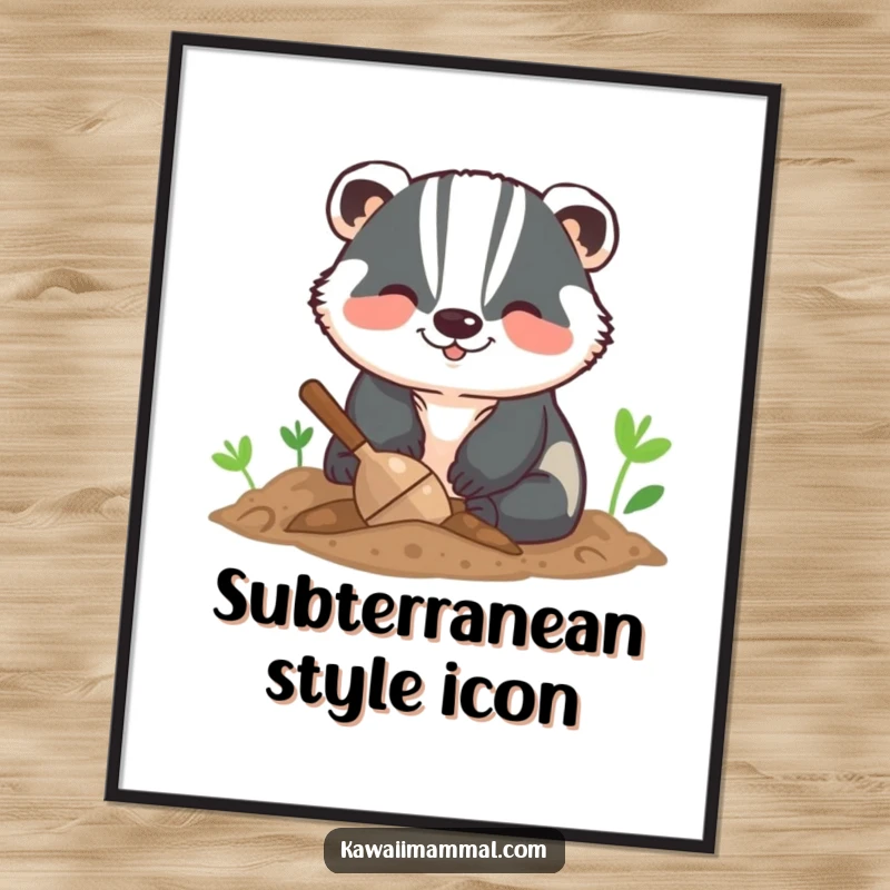 Funny poster featuring an animated smiling badger energetically digging in soft soil, adding a humorous touch to any room.