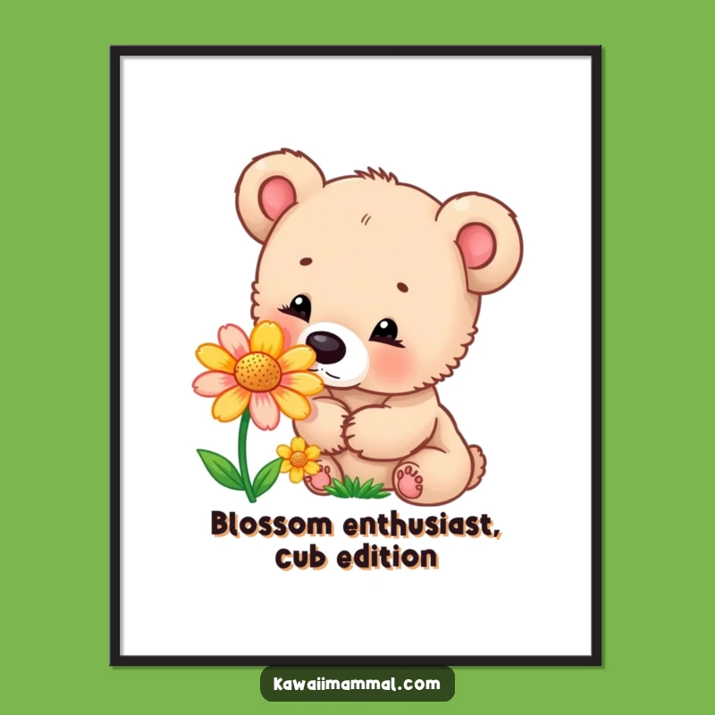 Funny Bear Cub Flower Poster: Enchanting Wall Art for Nature Lovers