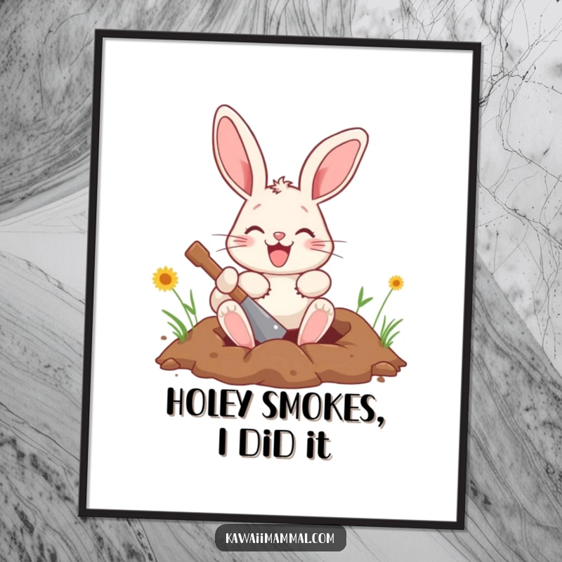 Funny bunny poster featuring a happy character digging a hole with determination, conveying playful energy and fun.