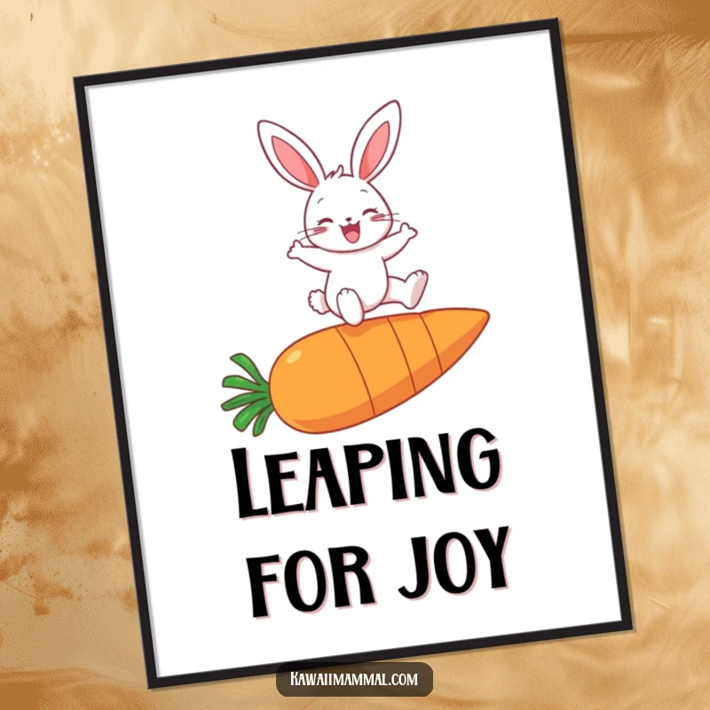 Funny poster featuring a happy bunny character playfully high-jumping over a giant carrot, conveying pure delight and energy.