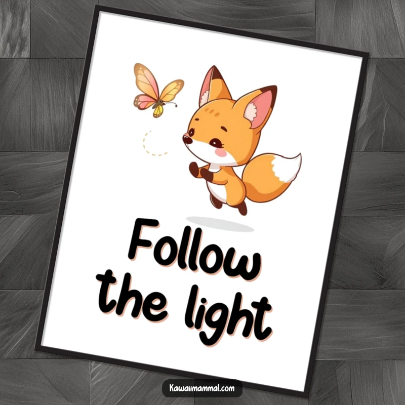Funny fox poster depicting a curious character playfully chasing a luminous butterfly, capturing a moment of whimsical pursuit and light.