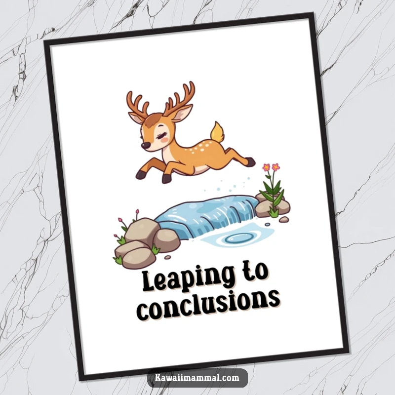 Funny determined deer poster, depicted leaping over a sparkling stream, a humorous and inspiring image for any room.