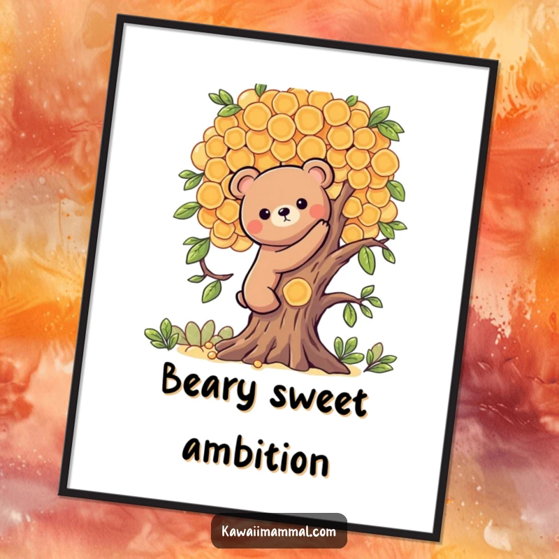 Funny poster showcasing a Kawaii bear character attempting to climb a tree made of honeycombs, a comical and sweet depiction of perseverance.