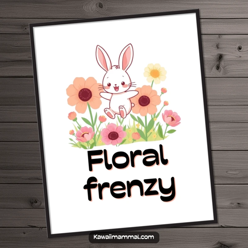 Funny poster showcasing a kawaii bunny happily hopping through giant flowers, bringing cheerful and whimsical wall art.