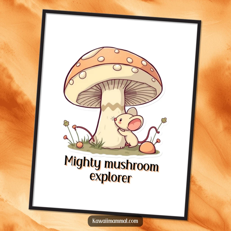 Funny Mouse Poster: Whimsical kawaii mouse bravely sniffing a giant mushroom, capturing a moment of funny, curious exploration.