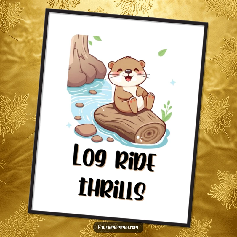 Funny poster art of a playful otter joyfully sliding down a giant river log, capturing a moment of pure fun.