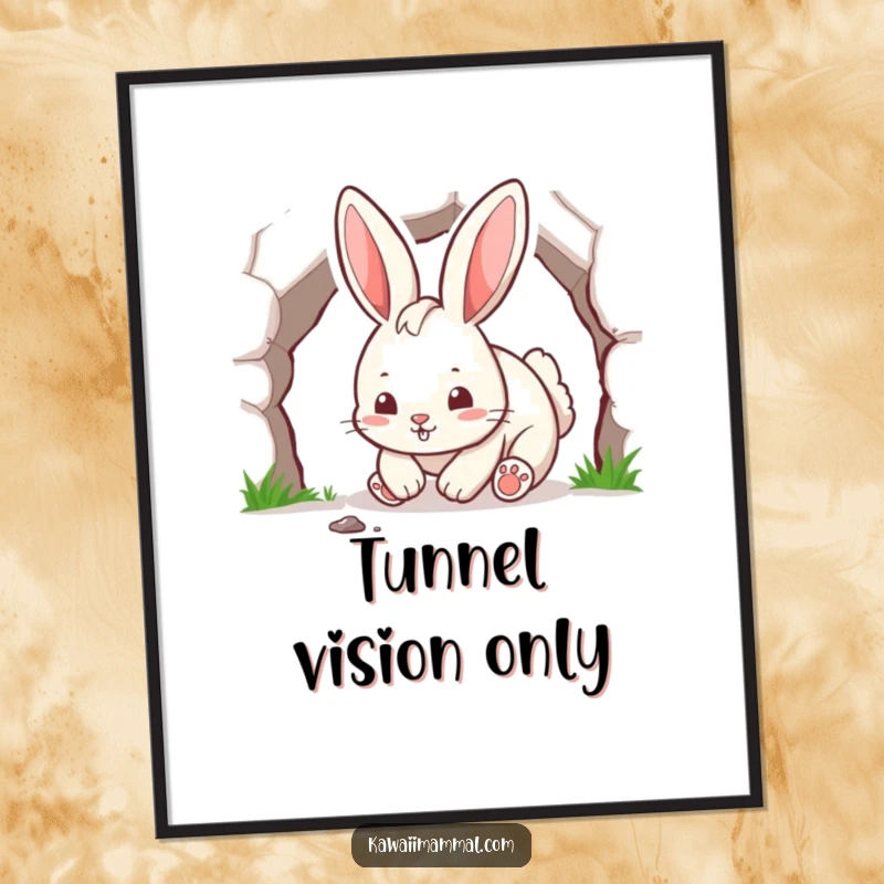 Funny rabbit character energetically digging a tunnel with paws, presented as a humorous wall art print.