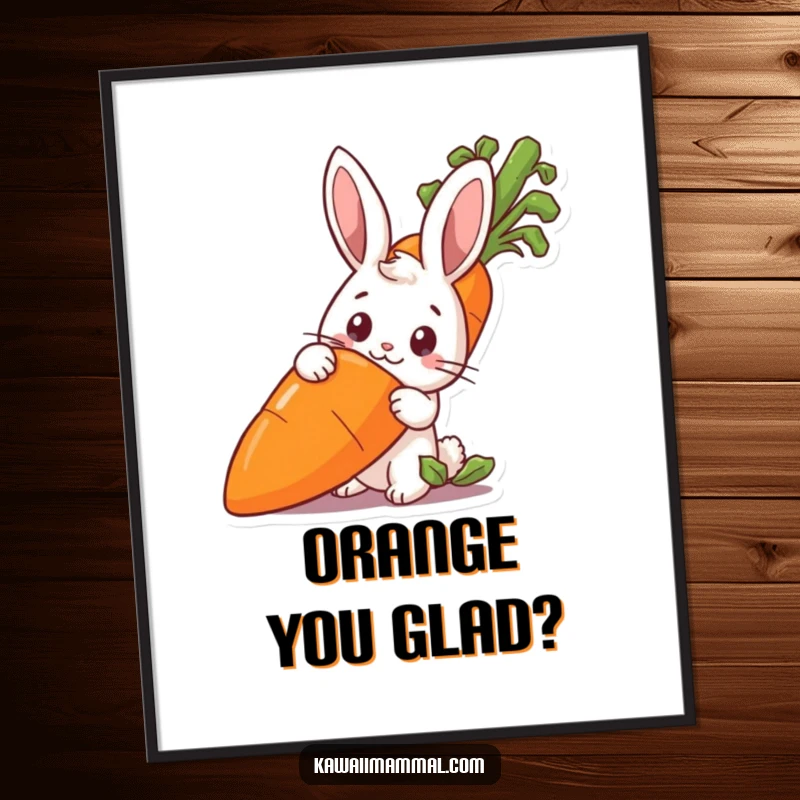 Funny rabbit character peeking from behind a large carrot, as a humorous poster for charming wall art.