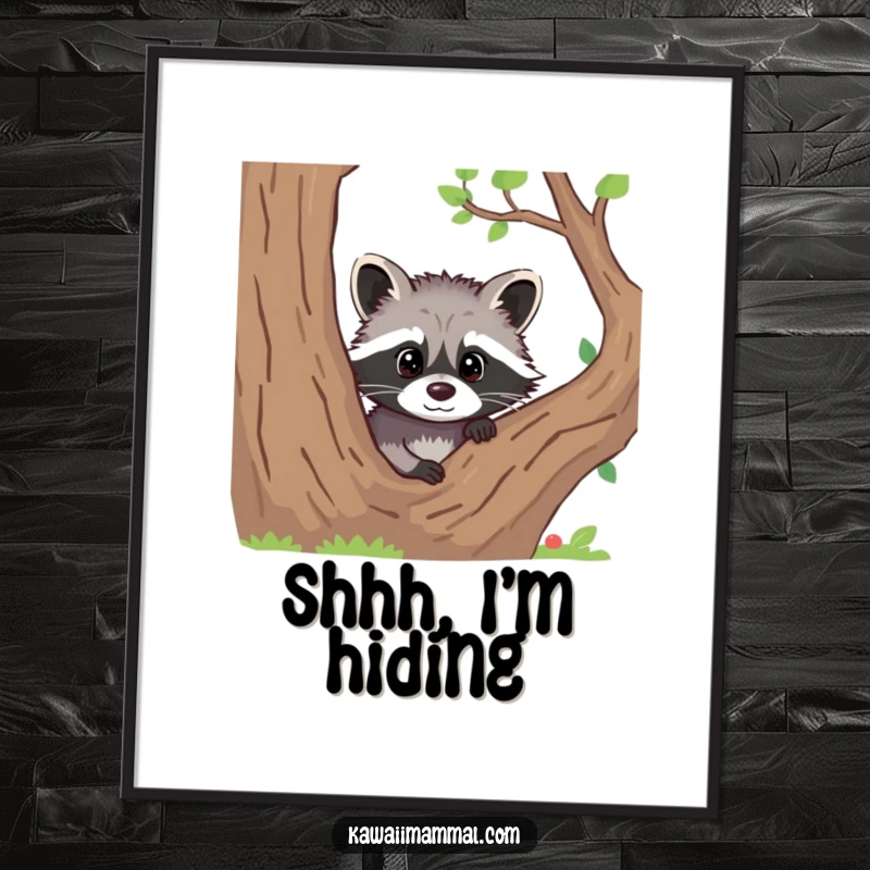 Funny poster print featuring a curious raccoon peeking from behind a tree, adding a touch of mystery.