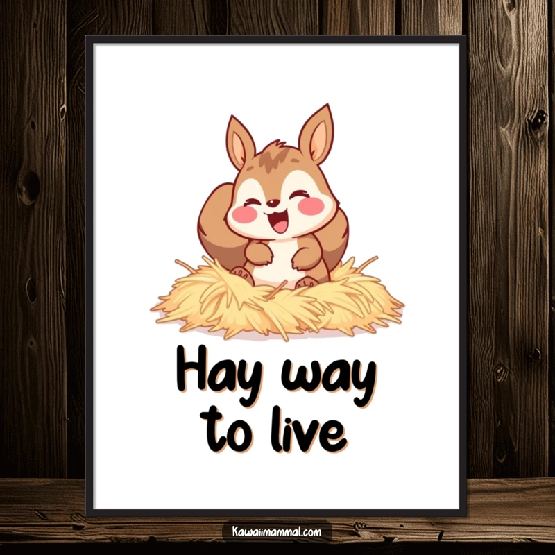 Funny poster featuring a happy squirrel character gleefully burrowing into a soft pile of hay, looking utterly content.