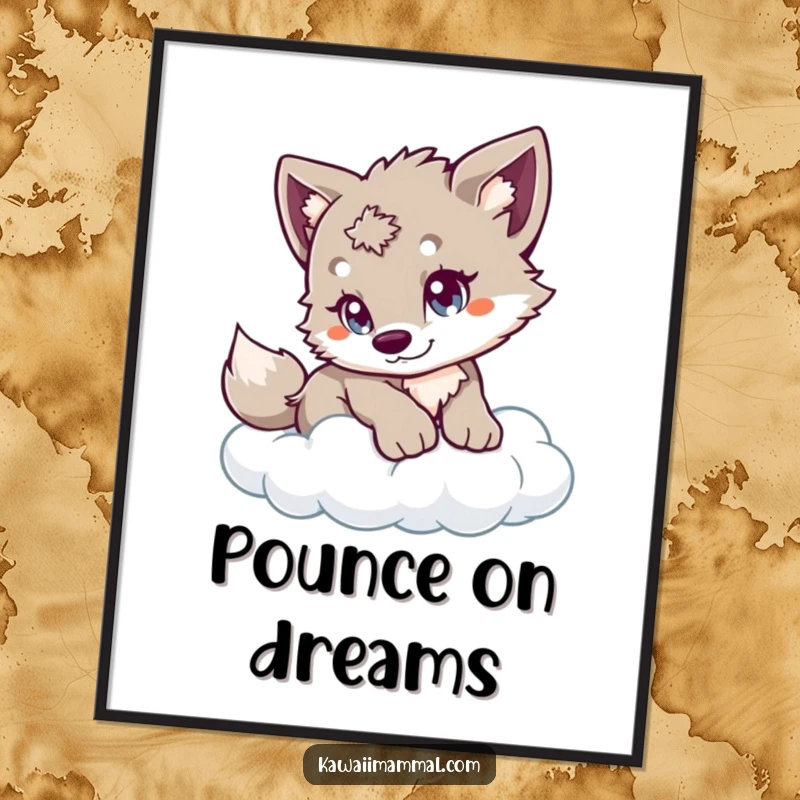 Funny Wolf Cub Poster depicting a playful cub with wide eyes, cautiously pouncing on a fluffy cloud, inspiring imagination and lighthearted dreams.