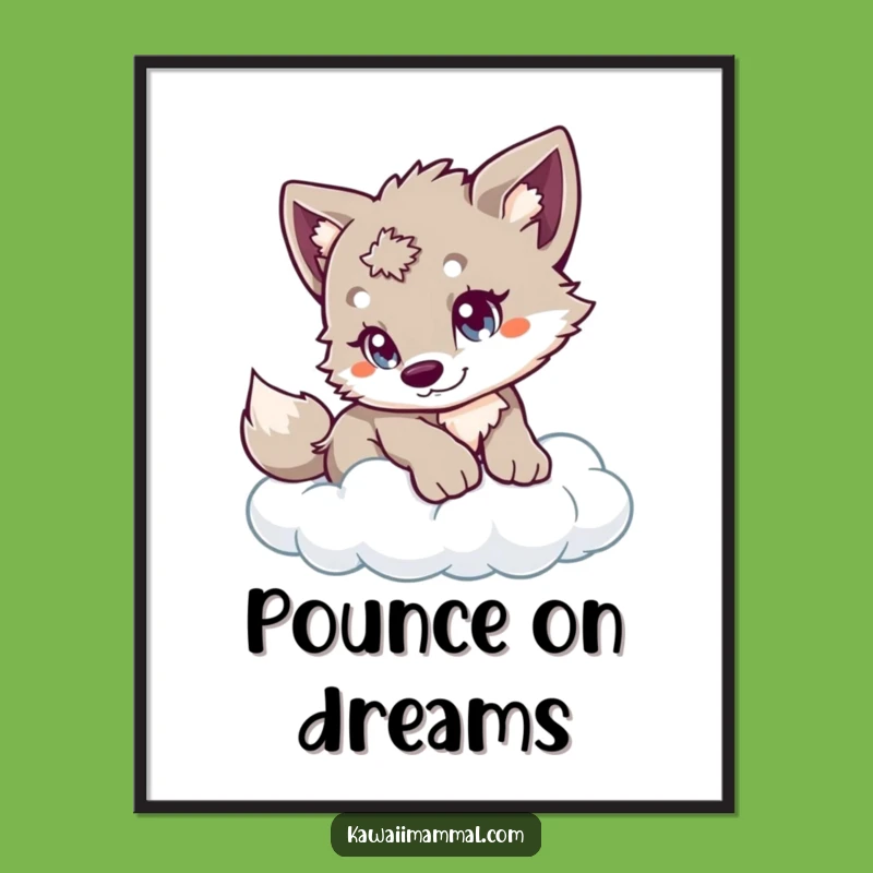 Funny Wolf Cub Poster - Playful Cloud Pounce Art, Whimsical Wall Decor Gift