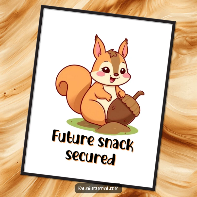 Funny kawaii squirrel with an oversized acorn, looking absolutely thrilled about its winter stash, charming wall art.