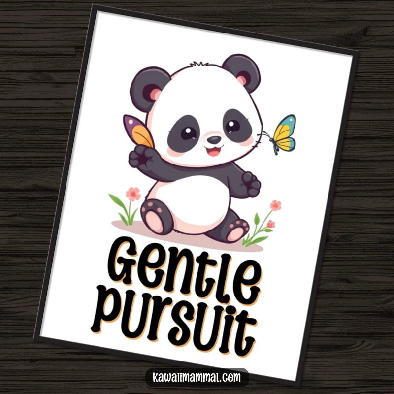 Funny Kawaii Panda Tag Poster: A cute panda comically tries to play tag with a butterfly, a hilarious depiction of gentle pursuit.