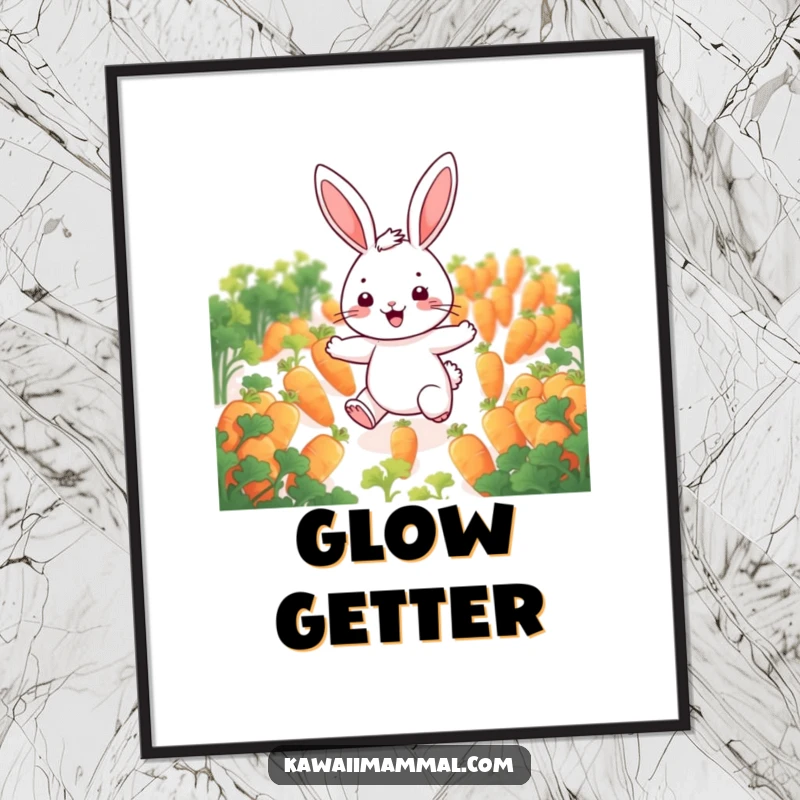 Funny rabbit poster depicting a cheerful character hopping through a field of glowing carrots, radiating whimsical energy and happiness.
