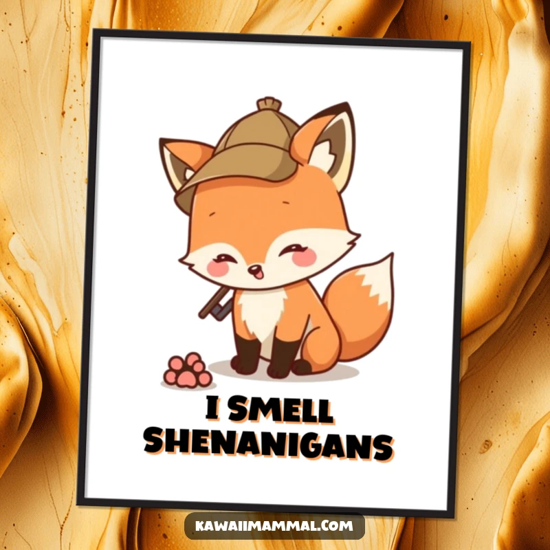 Funny fox character wearing a detective hat, sniffing a paw print, as a humorous poster for wall art.