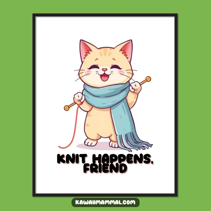 Funny Kawaii Cat Knitting Poster - Adorable Feline Crafter Wall Art Gift