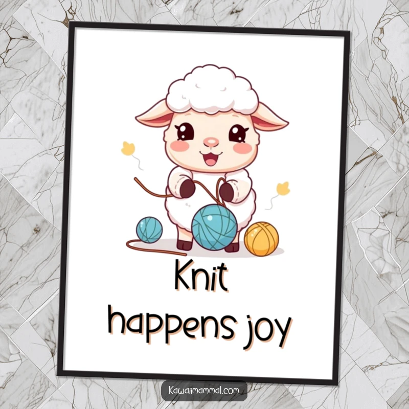 Funny Poster: A cute kawaii sheep juggling yarn balls with a joyful expression. Charming and humorous wall art.