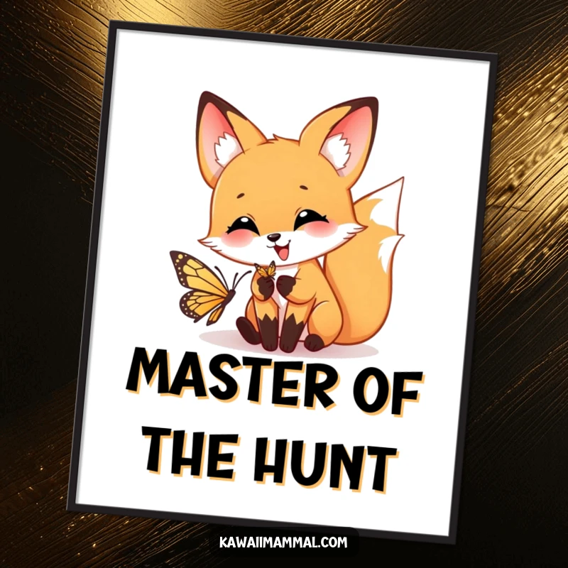 Funny poster print of a happy fox playfully pouncing on a butterfly, embodying joy and lighthearted mischief.