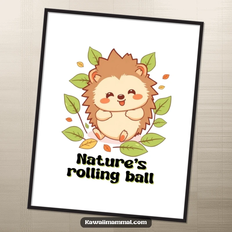 Funny Hedgehog Poster: Whimsical kawaii hedgehog captured mid-roll amidst colorful leaves, radiating infectious joy and humor.