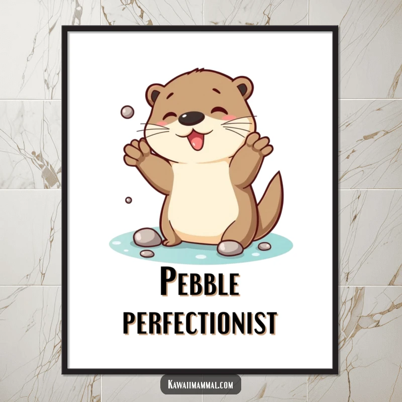 Funny Otter Poster: A captivating illustration of a happy otter skillfully juggling numerous shiny pebbles, creating a visually amusing and energetic scene.