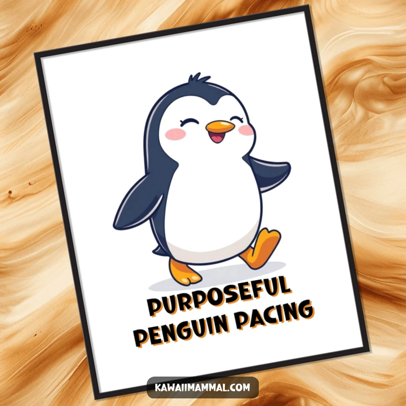 Funny poster depicting a joyous penguin waddling with a determined stride, offering motivational and humorous wall decor.