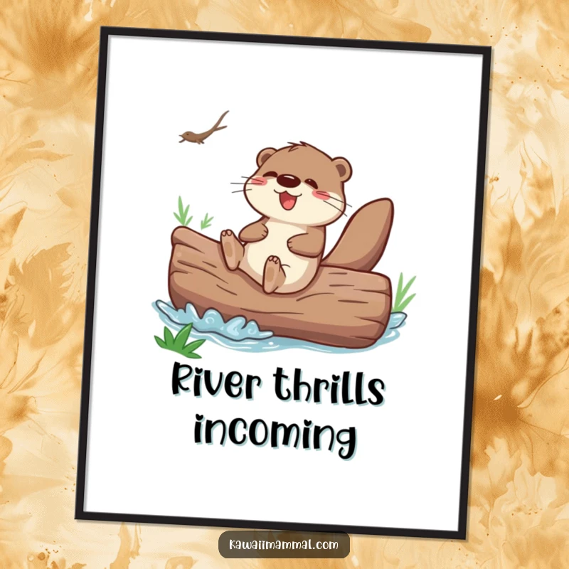 Funny otter character joyfully sliding down a giant river log, as a humorous poster for vibrant wall art.