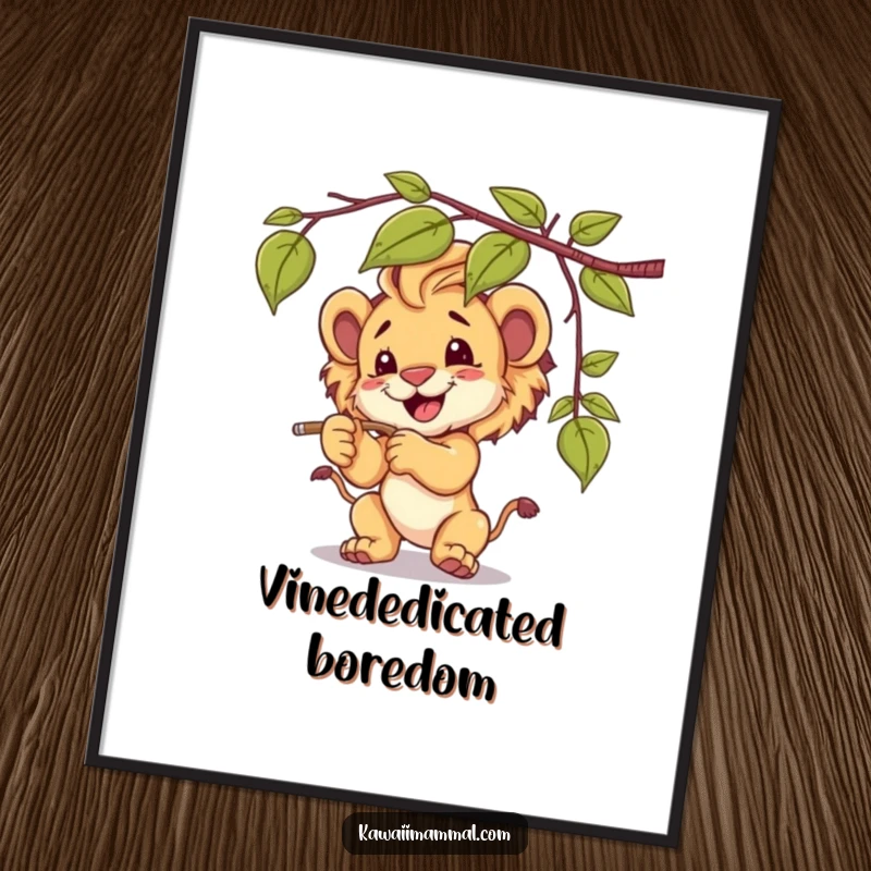 Funny lion cub poster, playfully batting at a dangling vine, bringing a sense of innocent fun to any room.