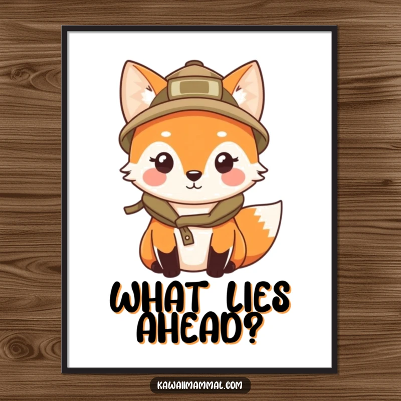 Funny poster showcasing a kawaii fox in an explorer hat, curiously peering, bringing adventurous and whimsical wall art.