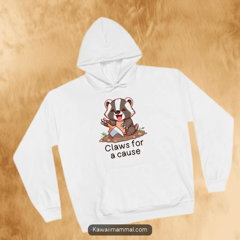 Funny Badger Hoodie showcasing a delighted badger character happily digging with its impressive oversized claws, a warm and humorous piece.