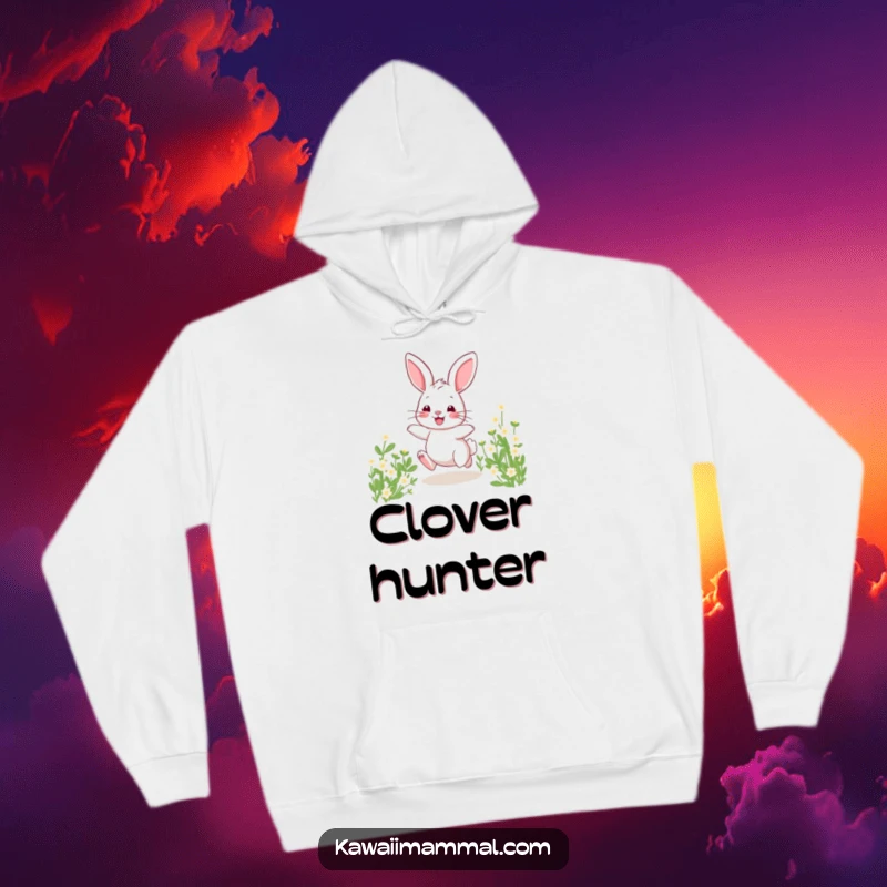 Funny hoodie with a cute bunny in mid-hop, radiating pure happiness through a field of green clover.