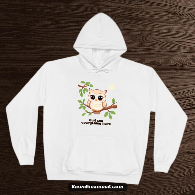 Funny kawaii owl hoodie featuring a wise character perched on a branch, observing with wide eyes, designed for comfort and humor.