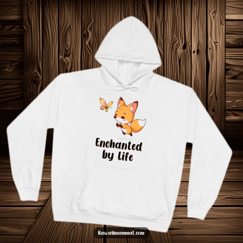 Funny fox hoodie with a curious character playfully chasing a luminous butterfly, providing warmth and whimsical adventure for everyday wear.