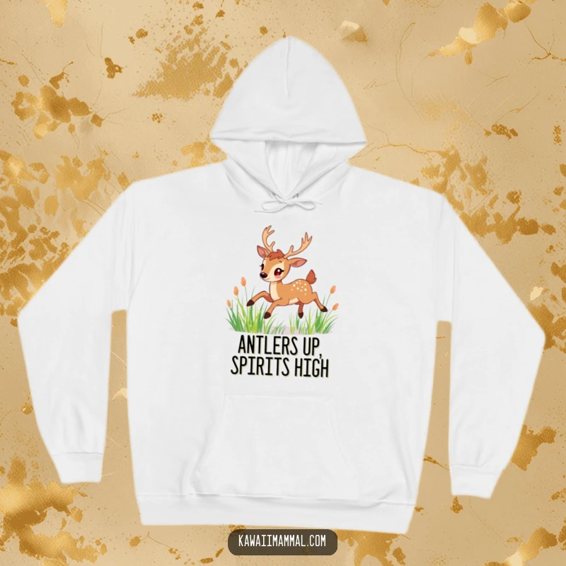 Funny Hoodie: A cheerful deer with graceful antlers leaps through tall grass, perfect for staying cozy and serene.