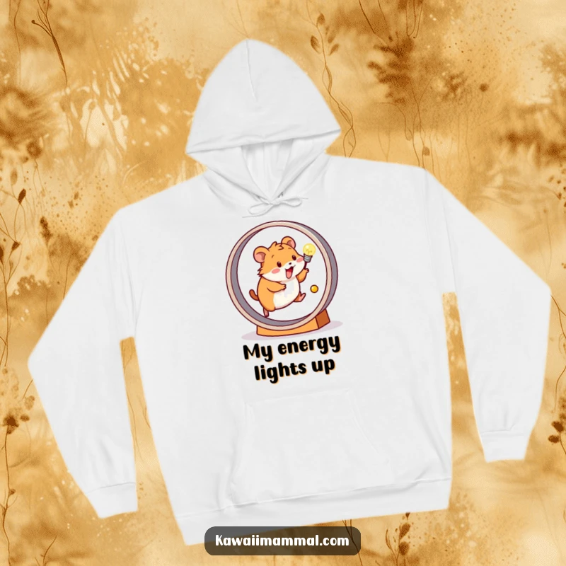 Funny hoodie showing a happy hamster on a wheel generating electricity for a light bulb, symbolizing productivity and joy.