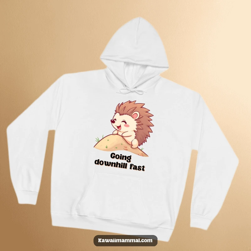 Funny Hedgehog Hoodie showcasing a joyful character with quills extended, comically attempting to roll down a slope with great enthusiasm.