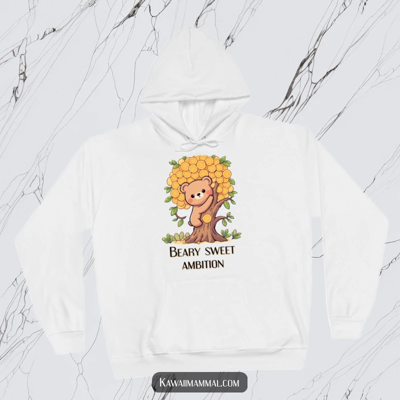 Funny, warm hoodie depicting a Kawaii bear character scaling a honeycomb tree, offering cozy comfort and a sweet sense of adventure.