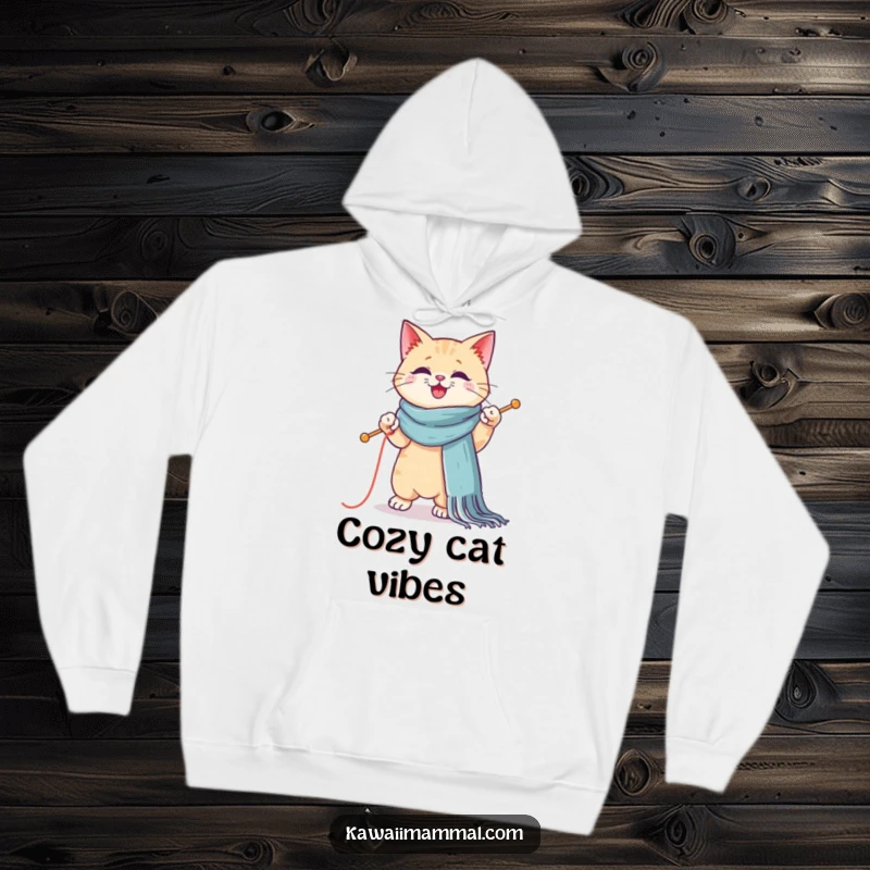 Funny, warm hoodie showcasing a Kawaii cat balancing on one paw while knitting a massive scarf, offering comfort and humor.