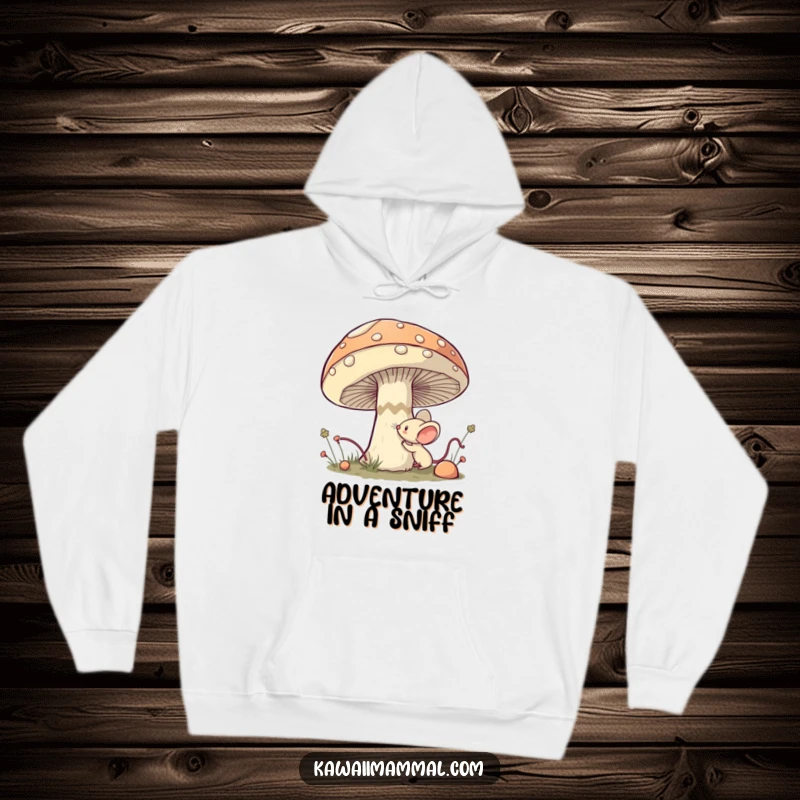 Funny Mouse Hoodie: Soft kawaii mouse bravely exploring a giant mushroom, designed for cozy, humorous adventures.