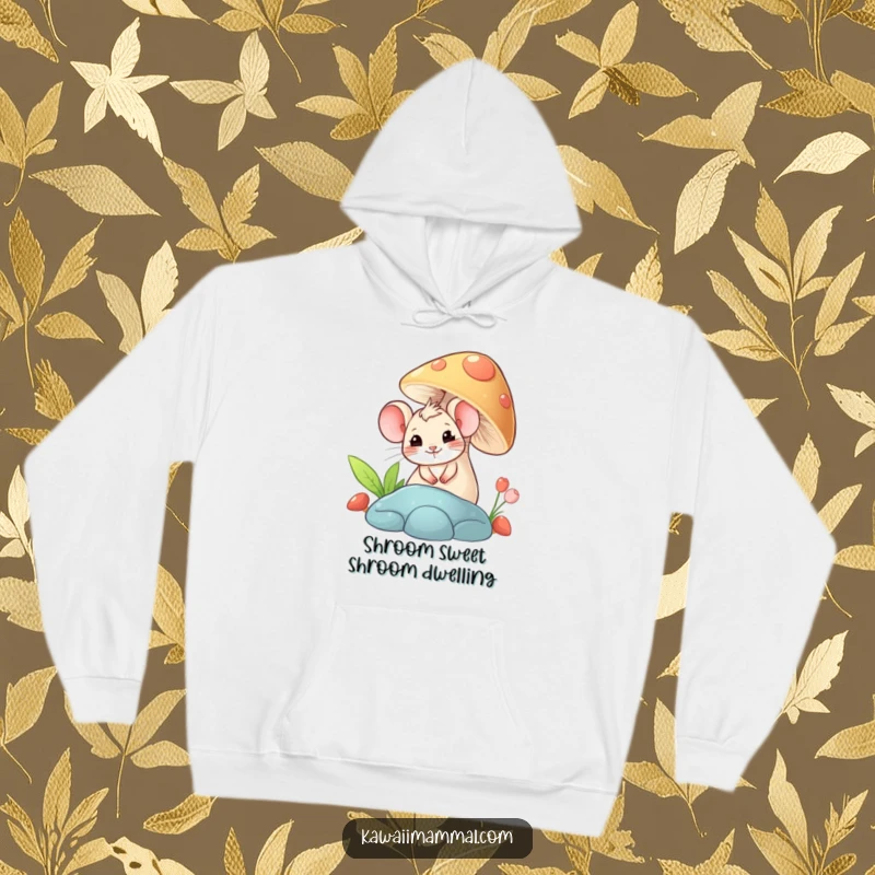 Funny hoodie depicting a giggling mouse peeking from behind a large mushroom, offering comfort and whimsical charm.
