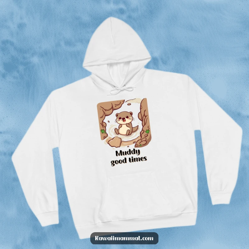 Funny hoodie featuring a happy otter with a sleek body sliding gleefully down a muddy embankment, perfect for cozy, humorous relaxation.