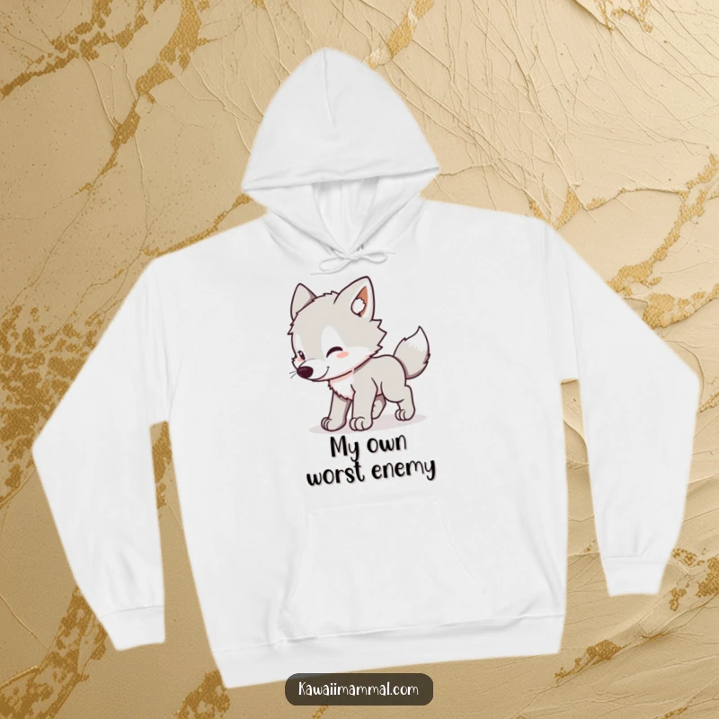 Funny Wolf Pup Hoodie: Soft kawaii pup playfully spinning, chasing its tail with an infectious, humorous energy.
