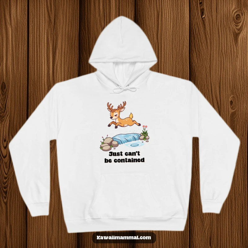 Funny determined deer hoodie, capturing its determined leap over a sparkling stream, with a relaxed and humorous vibe.