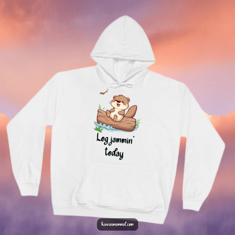 Funny otter sliding down a giant river log, featured on a cozy hoodie for warm, playful comfort.