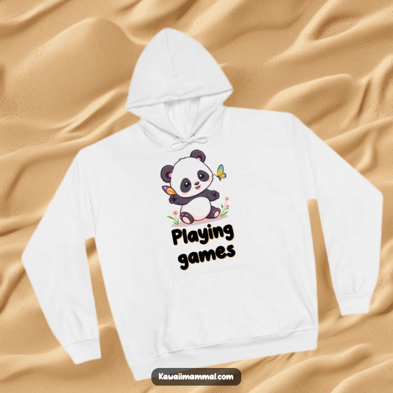 Funny Kawaii Panda Hoodie: A cute panda humorously tries to play tag with a butterfly, radiating innocent and funny determination.