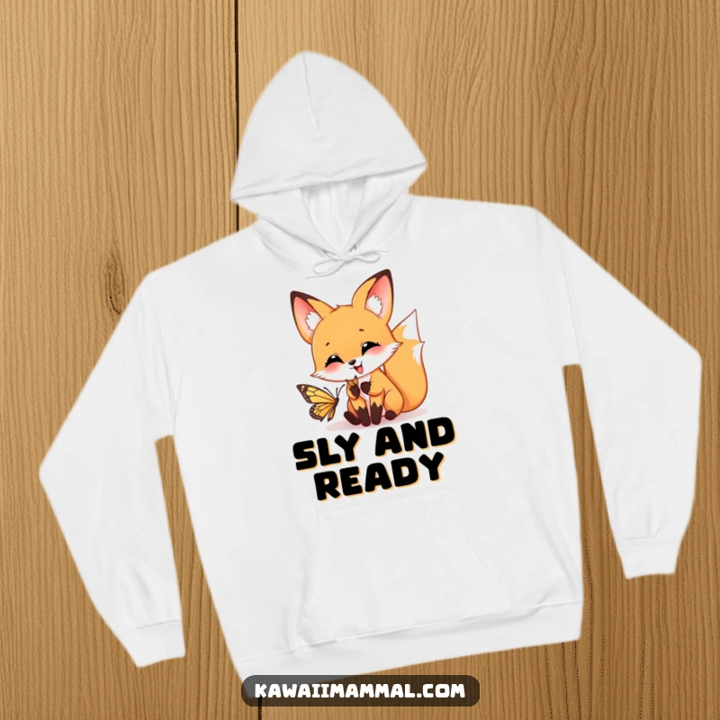 Funny hoodie with a cheerful fox in mid-pounce, playfully aiming for a butterfly against a simple background.