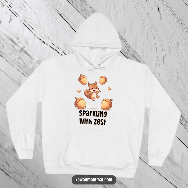 Funny squirrel hoodie with an energetic character leaping between giant, sparkling acorns, offering cozy warmth and a spark of playful energy.