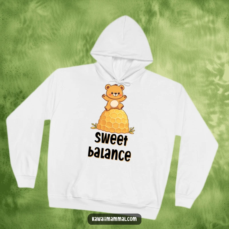 Funny hoodie depicting a determined bear character humorously balancing on a giant honeycomb, providing cozy comfort and outdoor charm.